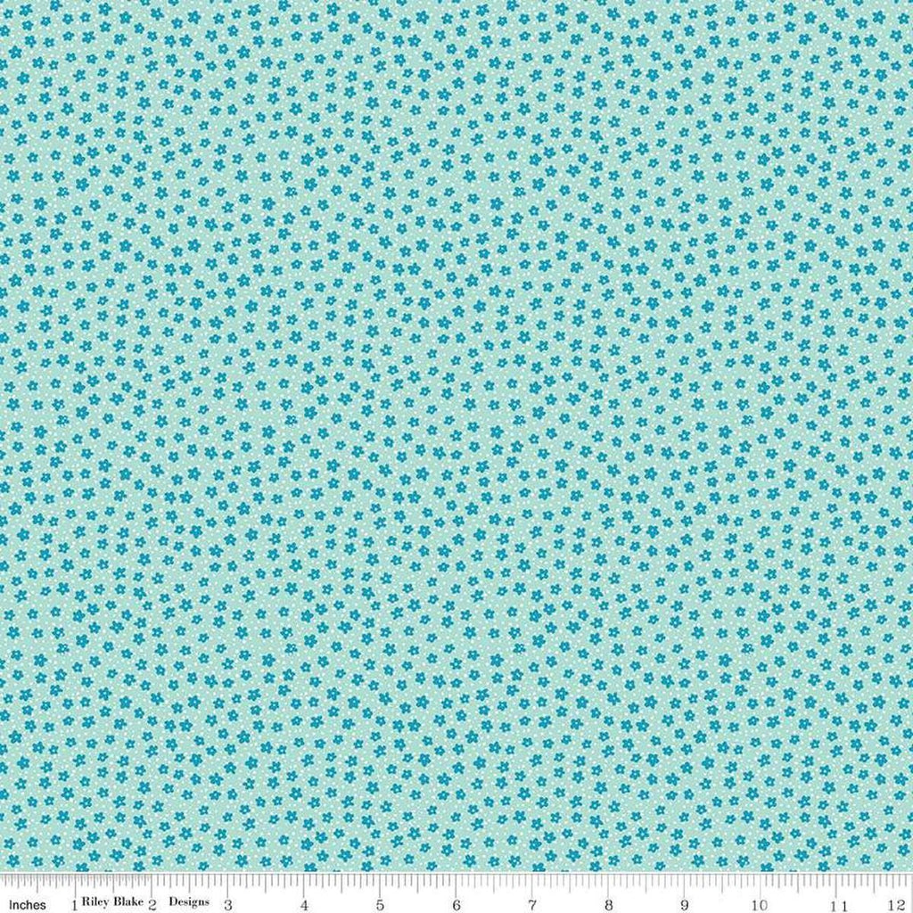 Image of the Playtime 30s Ditsy Mist quilting cotton fabric by Lindsay Wilkes for Riley Blake Designs. Features small scattered flowers and small dots on a light blue background. 
Cute Little Fabric Shop
