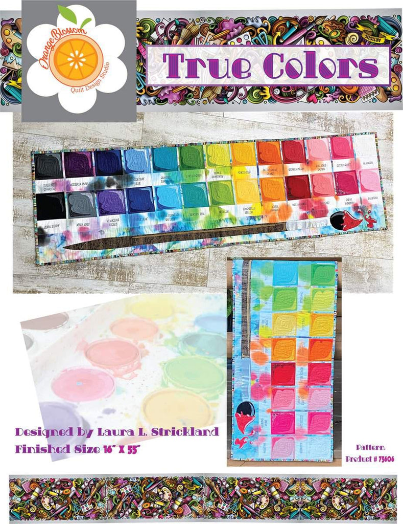 Image of the True Colors quilting cotton fabric by Laura Strickland of Orange Blossom Quilt Design Studio for Riley Blake Designs. Features a watercolor palette and paint brush quilt. 
Cute Little Fabric Shop