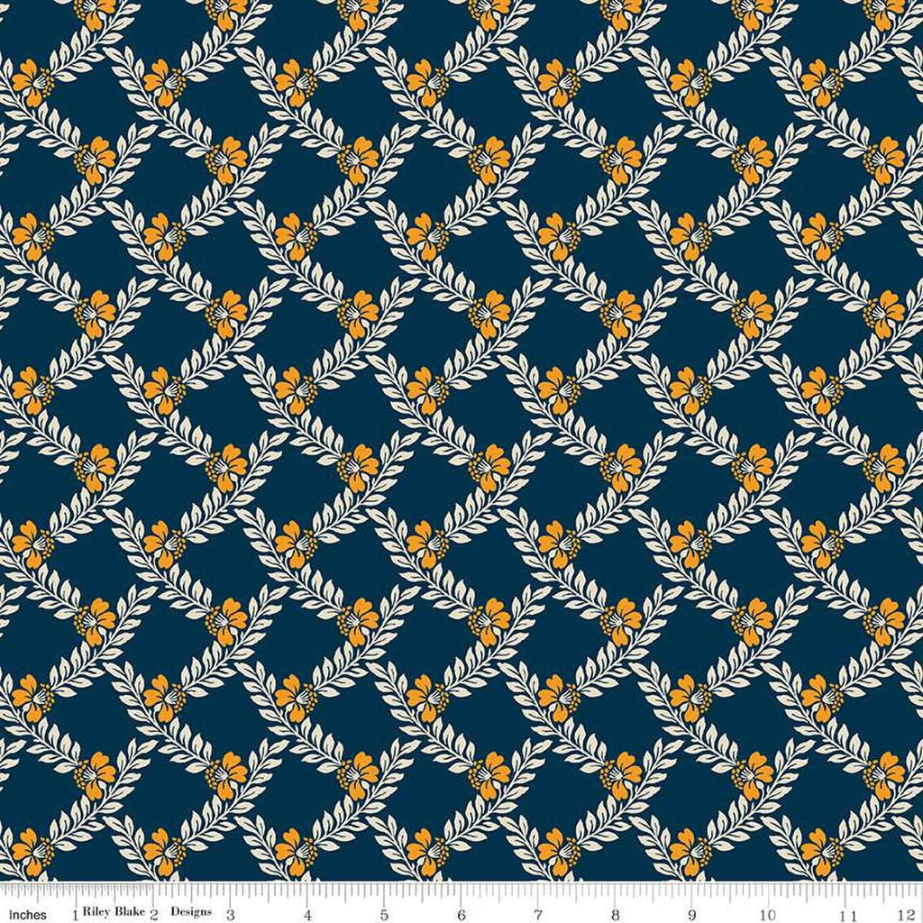 Image of the Cheddar at Twilight Vines Navy quilting cotton fabric by Riley Blake Designs. Features a plaid pattern of leaves and stems on a dark blue background. 
Cute Little Fabric Shop