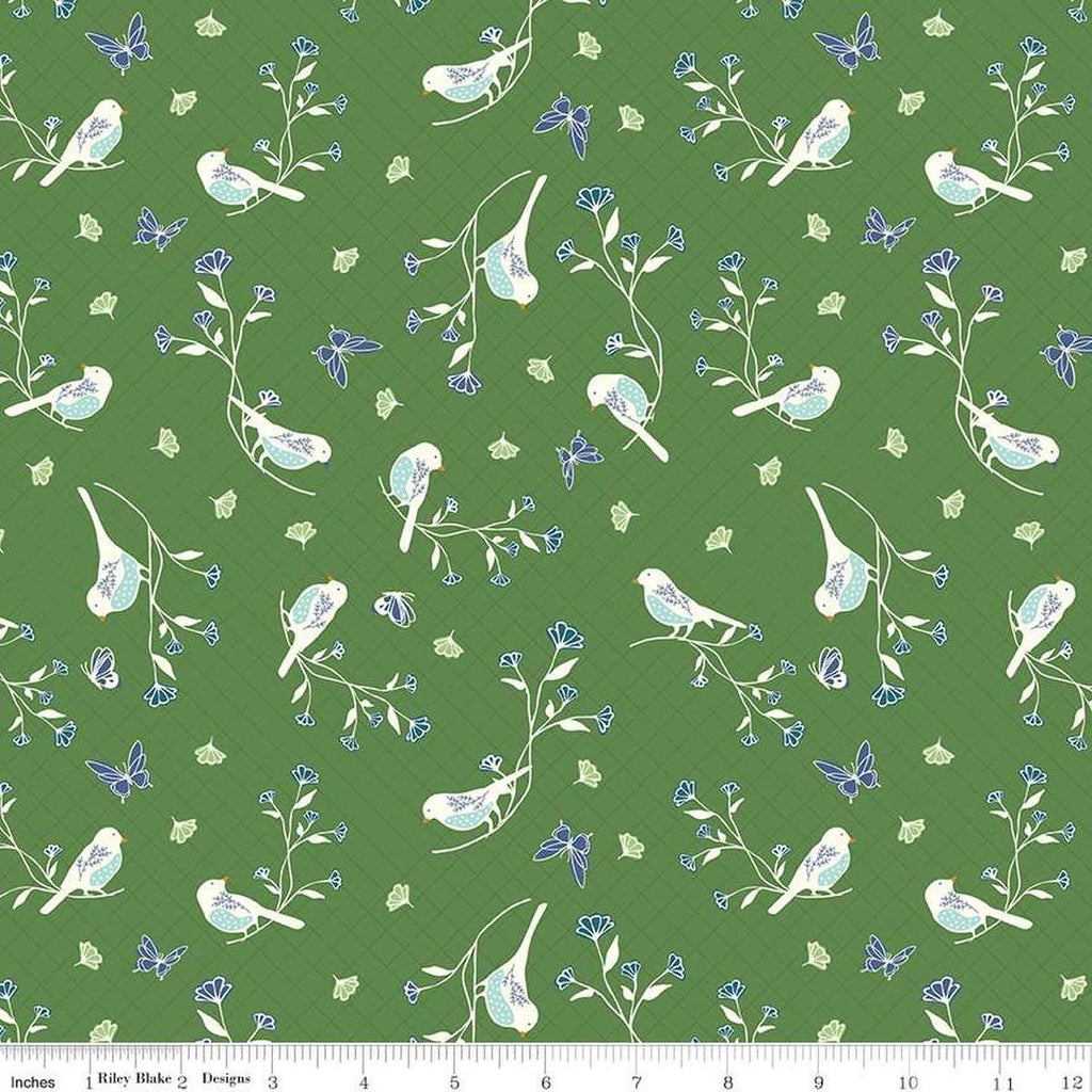 Image of the Melody Floral Birds Clover quilting cotton fabric by Beverly McCullough for Riley Blake Designs. Features blossoms, flowers, birds, and leaves on a dark green background. 
Cute Little Fabric Shop