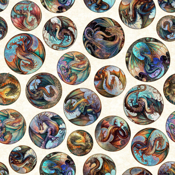SALE Dragon Fyre 29928 Dragon Round Picture Patches E - by QT Fabrics - Fire Breathing Dragons - Quilting Cotton Fabric