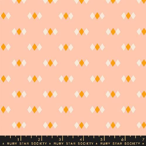 Image of the Juicy Diamonds Peach quilting cotton fabric by Melody Miller for Ruby Star Society, distributed by Moda Fabrics. Features small white diamonds on a peach pink background. 
Cute Little Fabric Shop