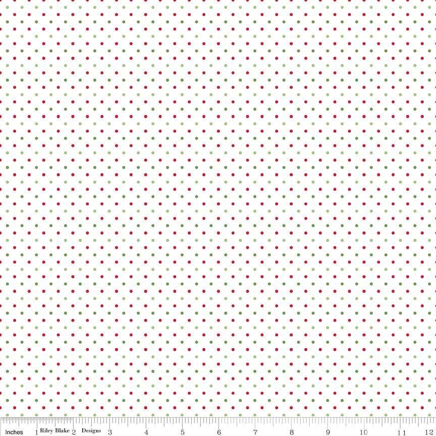 SALE Christmas Flat Swiss Dots on White - Riley Blake Designs - Red and Green Polka Dot - Quilting Cotton Fabric