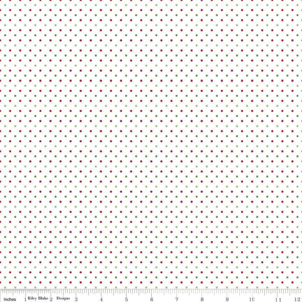 SALE Christmas Flat Swiss Dots on White - Riley Blake Designs - Red and Green Polka Dot - Quilting Cotton Fabric