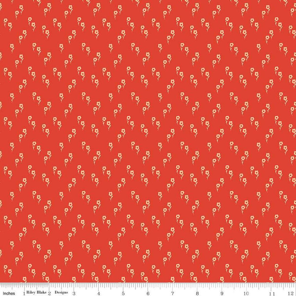 Image of the Wanderlust Jasmine Persimmon quilting cotton fabric by Danelys Sidron for Riley Blake Designs. Features an array of flowers on an orange red background. 
Cute Little Fabric Shop