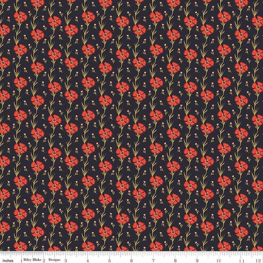 Image of the Wanderlust Carnation Charcoal quilting cotton fabric by Danelys Sidron for Riley Blake Designs. Features flowers and leaves on a dark brown black background. 
Cute Little Fabric Shop