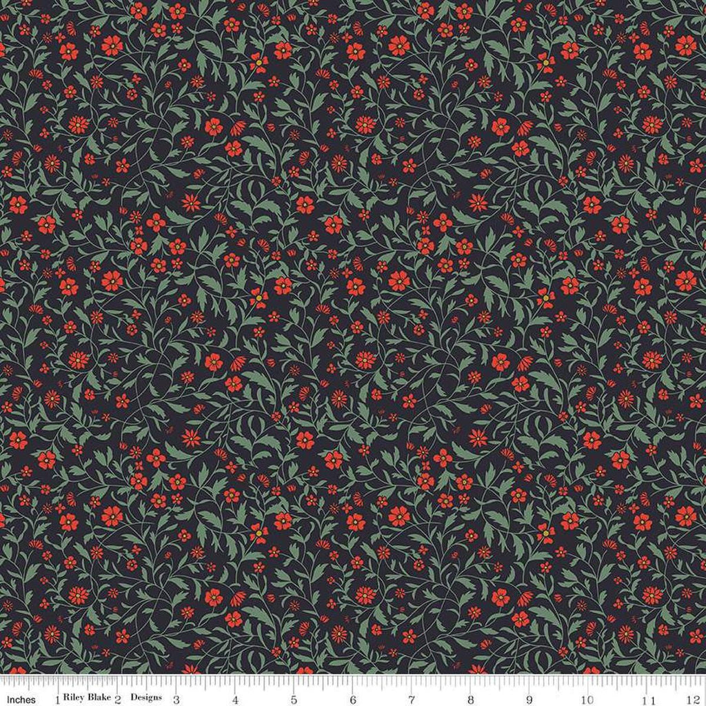 Image of the Wanderlust Hawthorn Charcoal quilting cotton fabric by Danelys Sidron for Riley Blake Designs. Features vines and flowers on a dark black blue background. 
Cute Little Fabric Shop