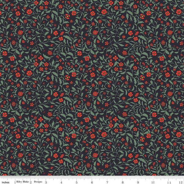 Image of the Wanderlust Hawthorn Charcoal quilting cotton fabric by Danelys Sidron for Riley Blake Designs. Features vines and flowers on a dark black blue background. 
Cute Little Fabric Shop
