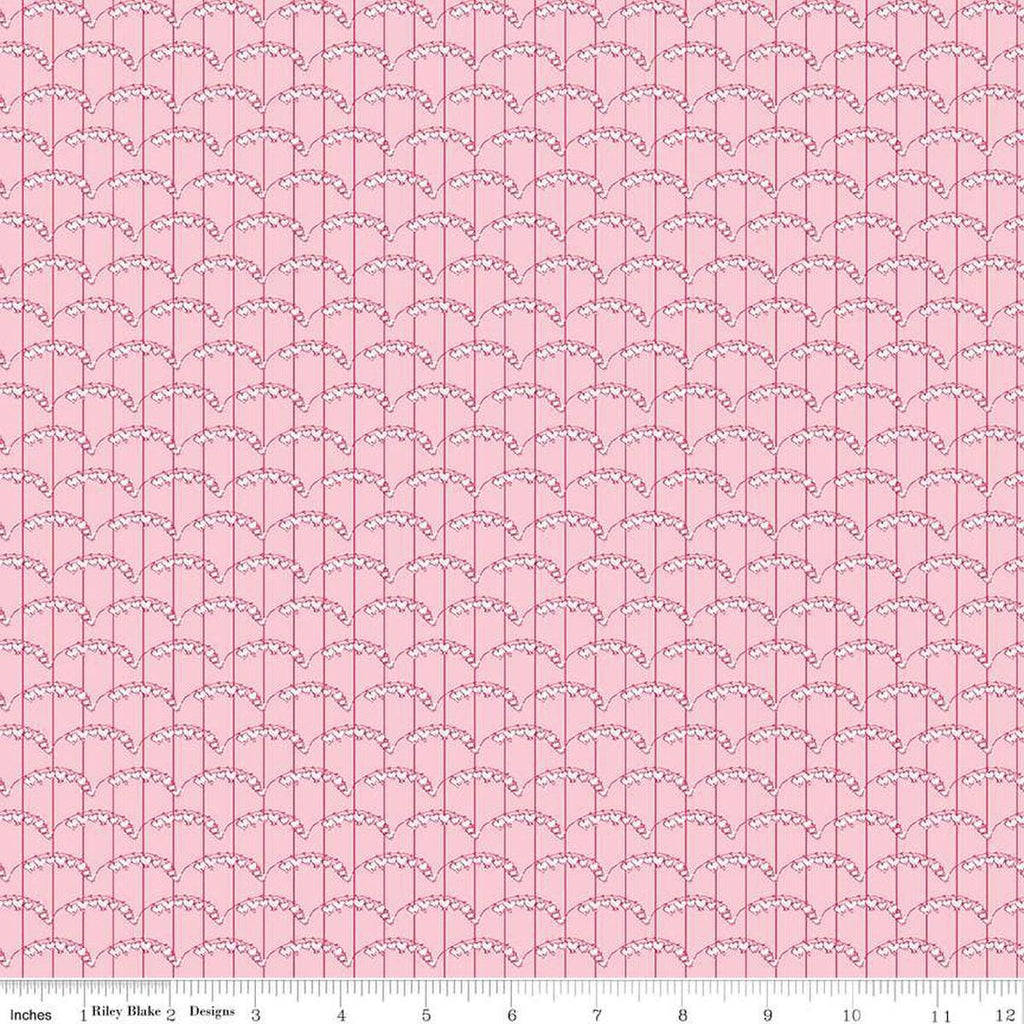 Image of the Perennial Heart Scallops Pink quilting cotton fabric by Jill Finley for Riley Blake Designs. Features heart scallops on a striped background on a light pink background. 
Cute Little Fabric Shop