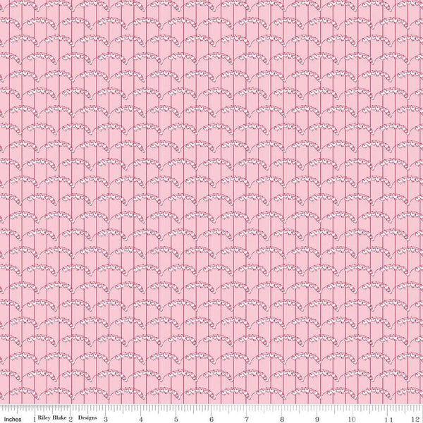 Image of the Perennial Heart Scallops Pink quilting cotton fabric by Jill Finley for Riley Blake Designs. Features heart scallops on a striped background on a light pink background. 
Cute Little Fabric Shop