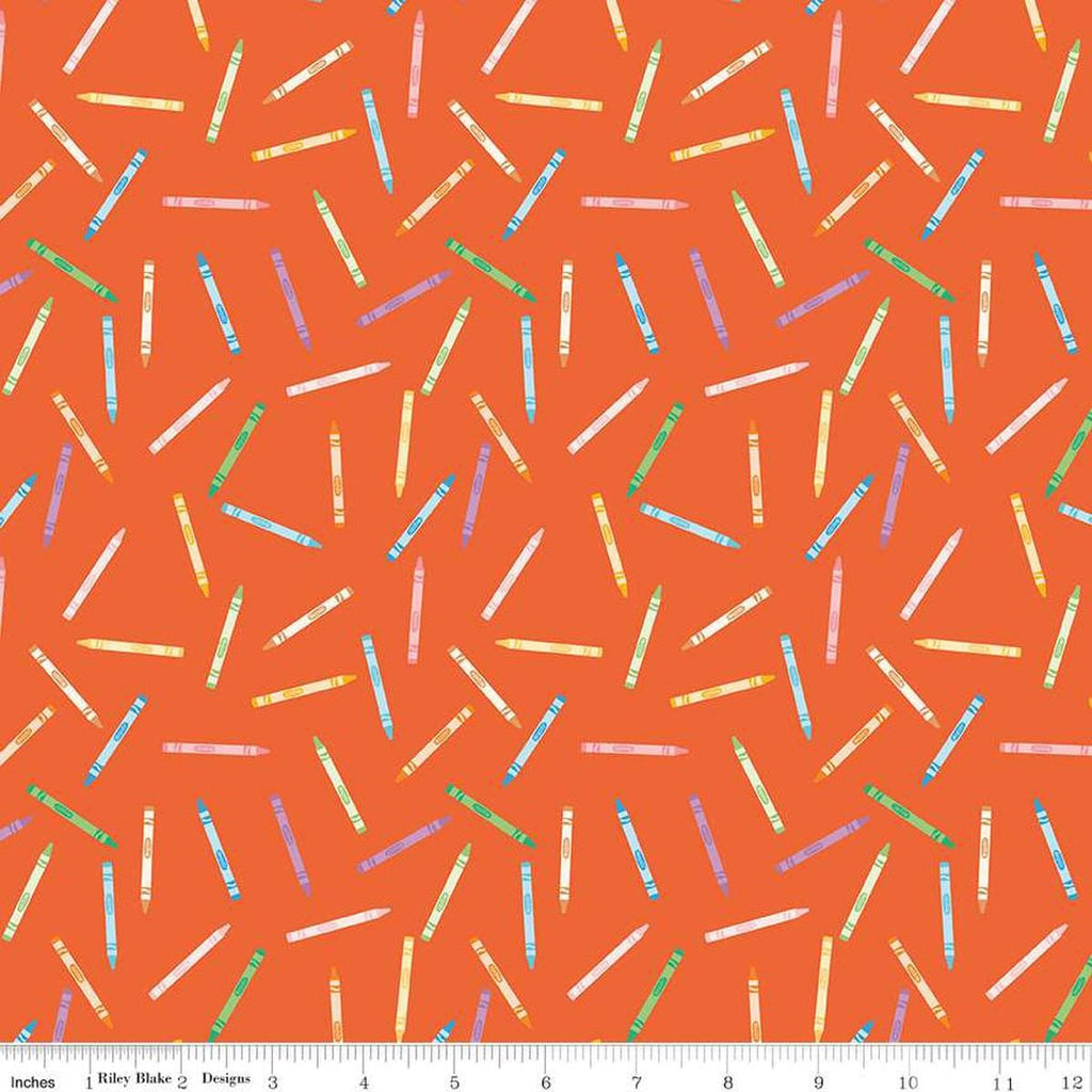 Image of the Get Your Cray-on with Crayola Crayons Red quilting cotton fabric by Riley Blake Designs. Official Licensed Product. Features scattered crayons on a red background. 
Cute Little Fabric Shop