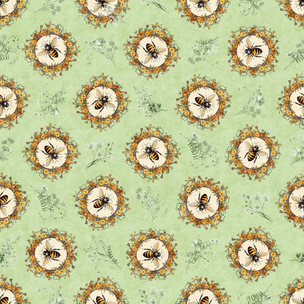 SALE MINKY Queen Bee Bee Circle Vignette 60" Wide 30484 Light Sage - QT Fabrics - Floral Flowers Bees - 100% Polyester