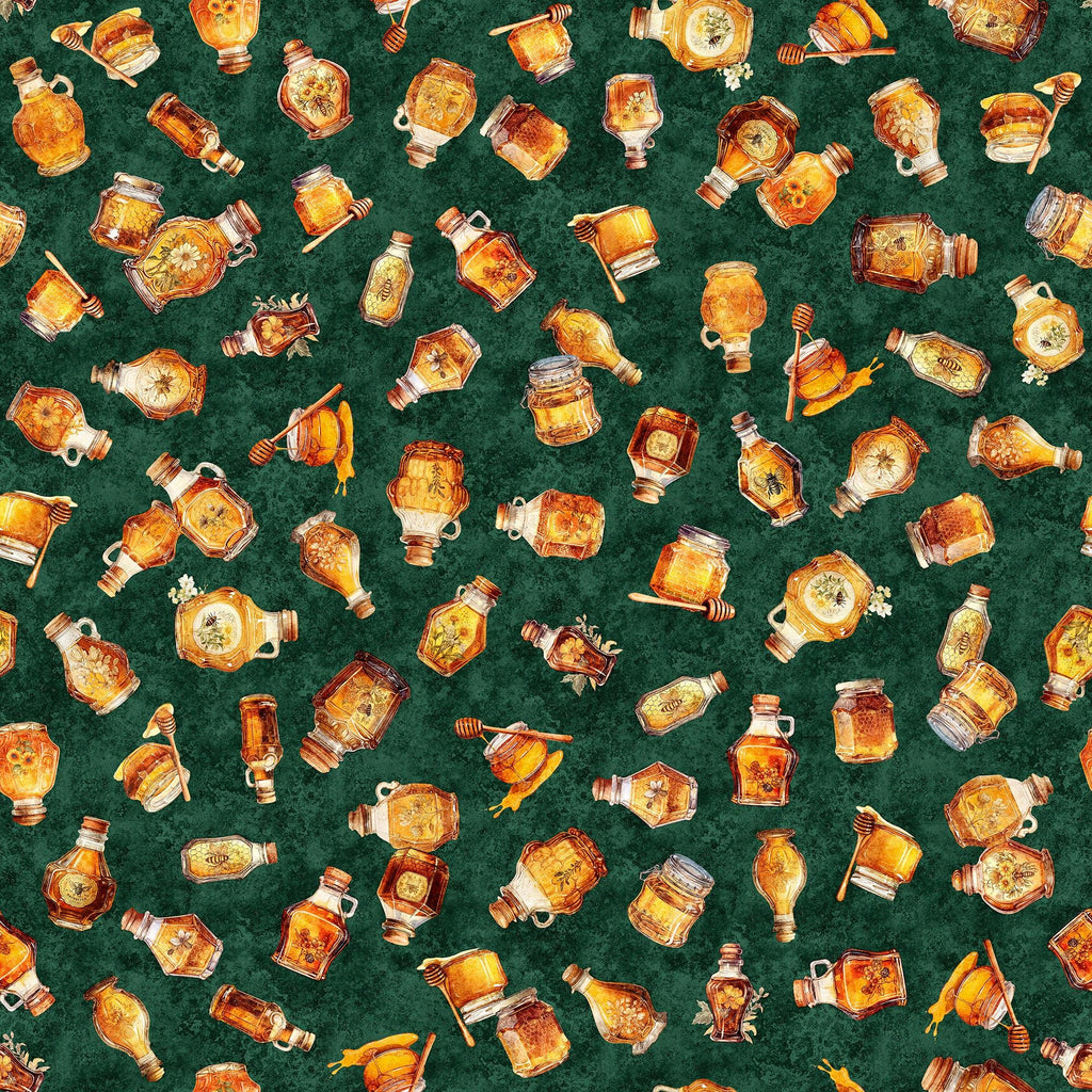 SALE MINKY Queen Bee Honey Bottles 60" Wide 30486 Forest - QT Fabrics - Jars Flowers Floral - 100% Polyester