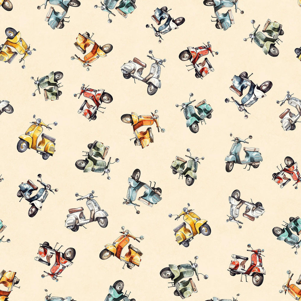 SALE Globetrotter Scooters 30534 Cream E - by QT Fabrics - Quilting Cotton Fabric