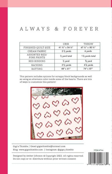 Image of the Always and Forever quilt pattern by Gigi's Thimble for Riley Blake Designs. Features the fabric requirements for the pattern. 
Cute Little Fabric Shop