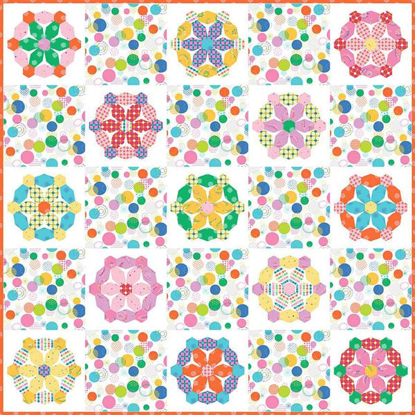 Image of the Bubbles Quilt Pattern by Sue Daley Designs for Riley Blake Designs. Features English paper piecing on a square quilt. 
Cute Little Fabric Shop