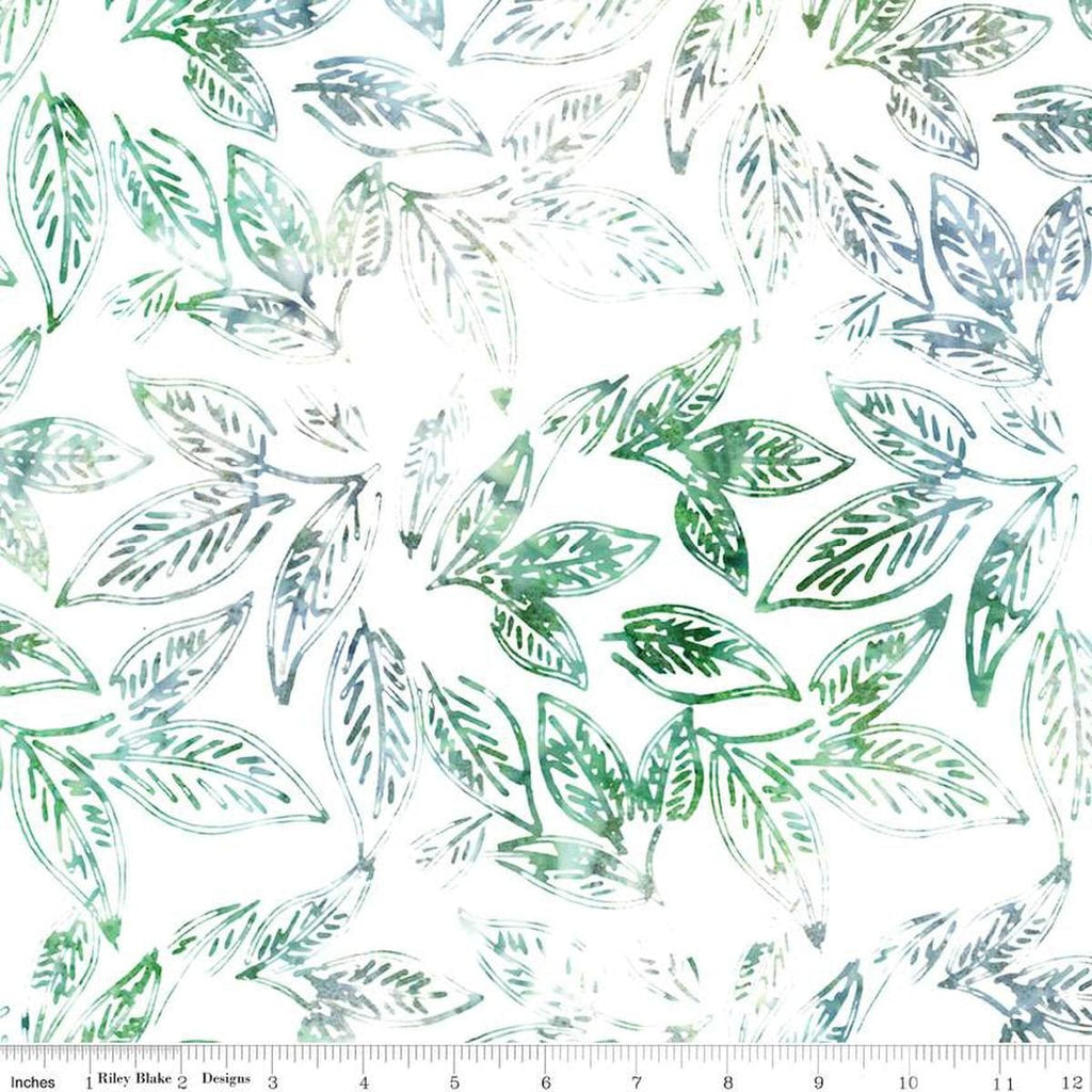 Image of the Expressions Batiks Chalk & Spearmint Sprinkles cotton fabric by Riley Blake Designs. Features green and blue leaves on a white background.
Cute Little Fabric Shop