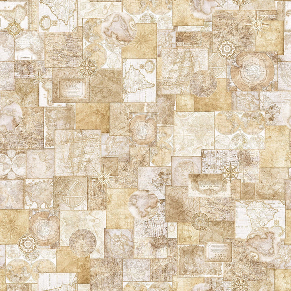 SALE Globetrotter Travel Maps 30529 Parchment E - by QT Fabrics - Quilting Cotton Fabric
