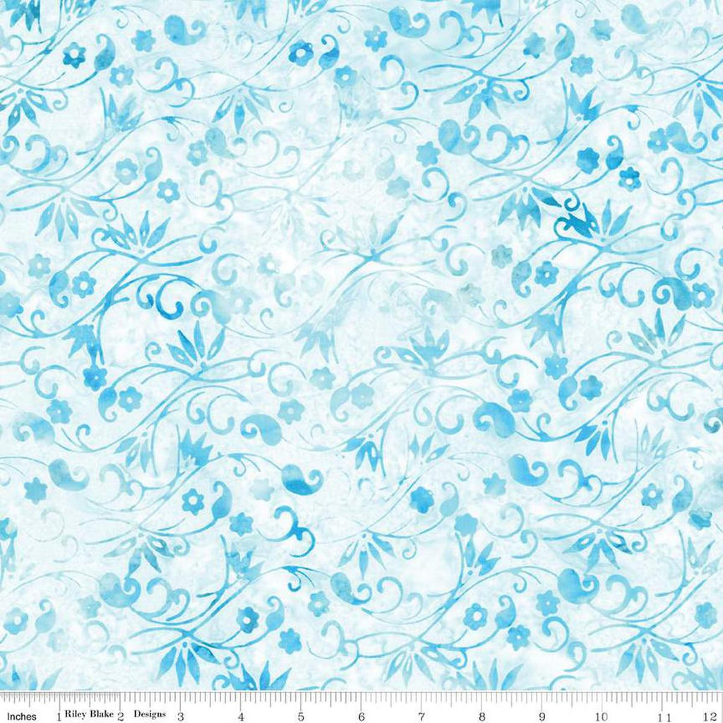 Image of the Expressions Batiks Chalk & Charcoal Adriatic Mist cotton fabric by Riley Blake Designs. Features swirls and leaves on an white blue background
Cute Little Fabric Shop