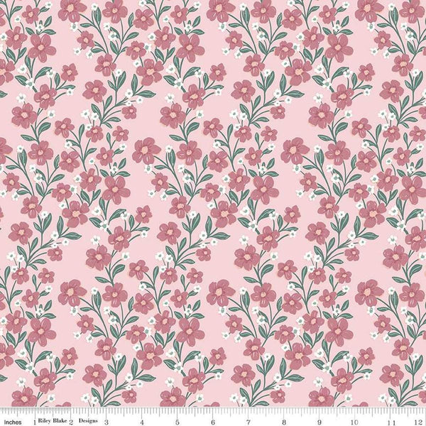 Image of the Buds & Butterflies Trailing Bliss Blush quilting cotton fabric by Cayla Naylor for Riley Blake Designs. Features flowers and vines on a light pink background. 
Cute Little Fabric Shop