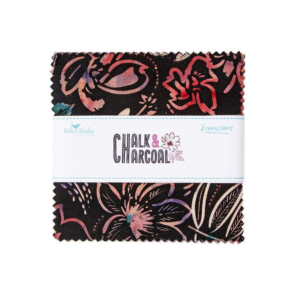 Image of the Expressions Batiks Chalk and Charcoal 5 inch Stacker B. Features floral batik flowers with pink, purple, and red colors. 
Cute Little Fabric Shop
