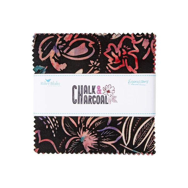 Image of the Expressions Batiks Chalk and Charcoal 5 inch Stacker B. Features floral batik flowers with pink, purple, and red colors. 
Cute Little Fabric Shop