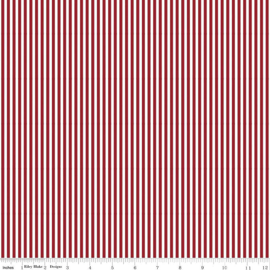 Image of the Dahlia Red eighth inch stripe on white quilting cotton fabric by Riley Blake Designs. Features a dark red stripes fabric with a white background. 
Cute Little Fabric Shop