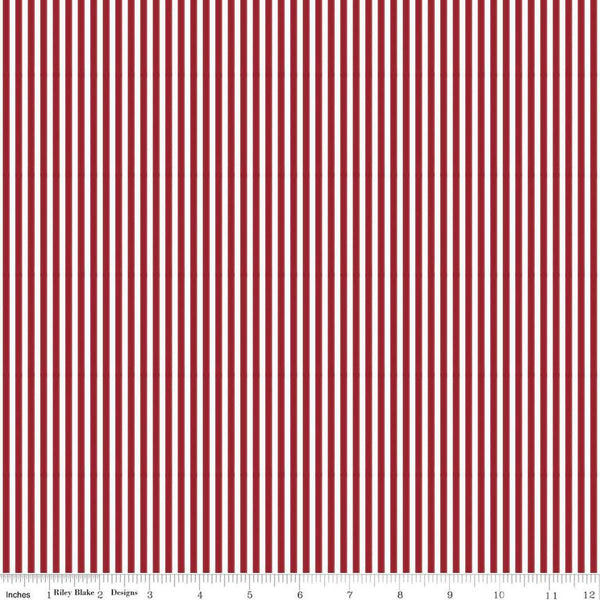 Image of the Dahlia Red eighth inch stripe on white quilting cotton fabric by Riley Blake Designs. Features a dark red stripes fabric with a white background. 
Cute Little Fabric Shop