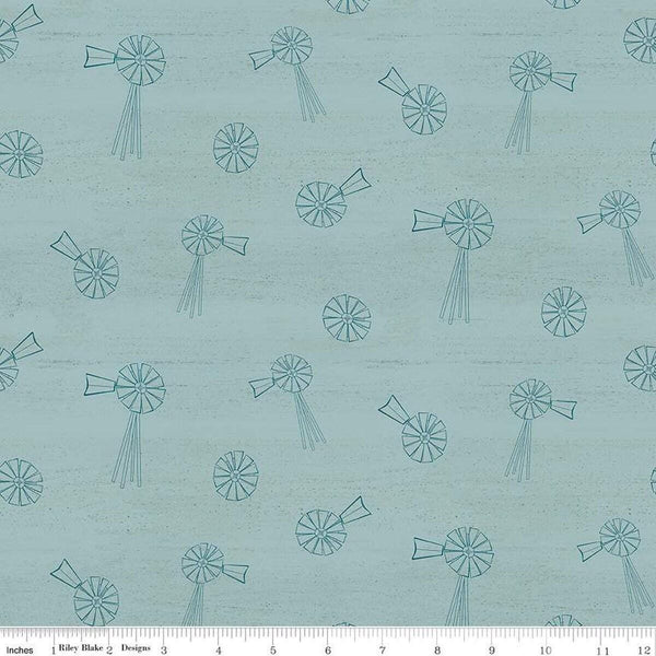 SALE Spring Barn Quilts Windmills C14333 Aqua - Riley Blake Designs - Line-Drawn Windmills - Quilting Cotton Fabric