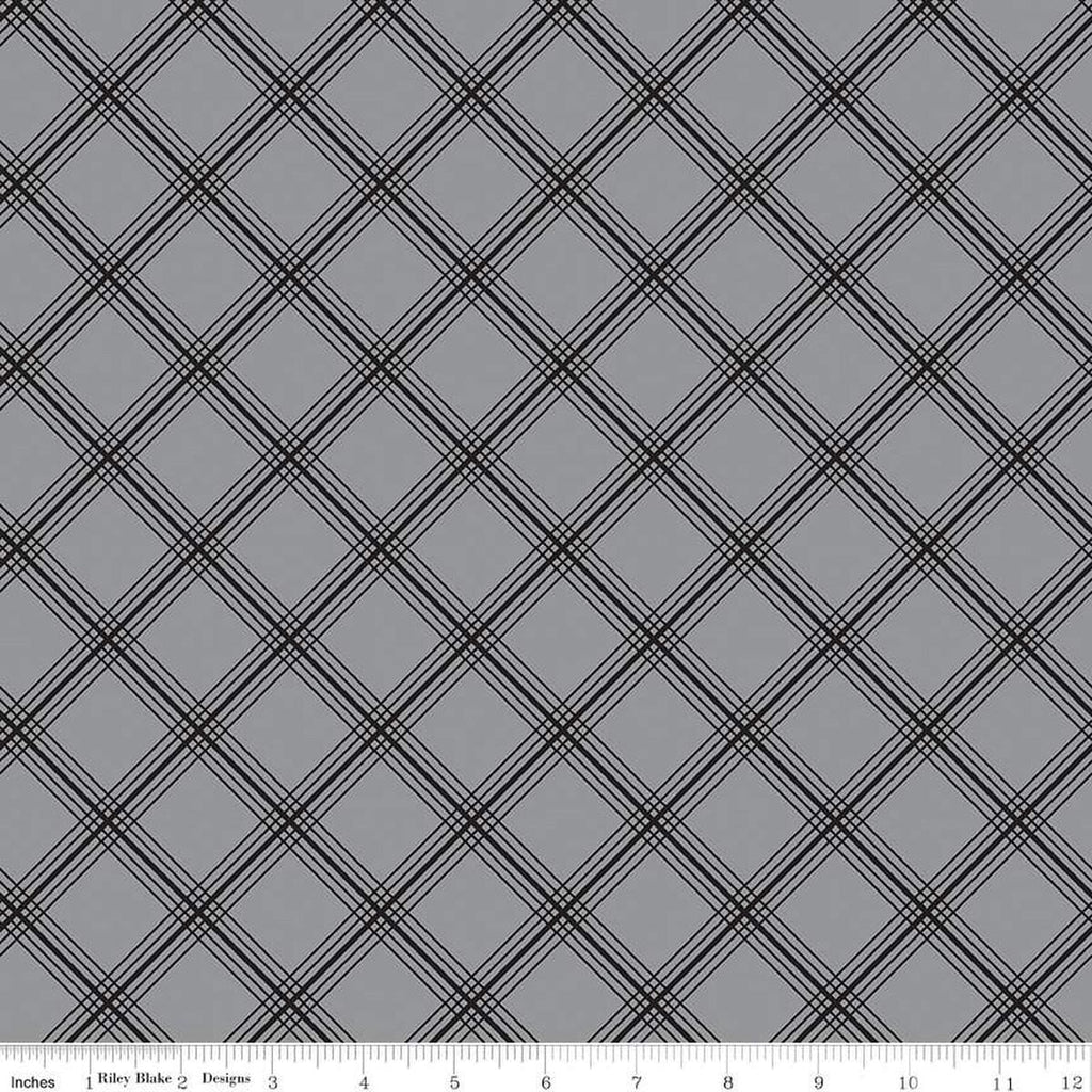 Image of the Midnight Meadow Plaid Gray by My Minds Eye for Riley Blake Designs. Features a diagonal grid plaid pattern on a gray background. 
Cute Little Fabric Shop