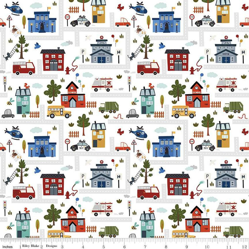 Image of the It Takes a Village Main Cloud quilting cotton fabric by Jennifer Long for Riley Blake Designs. Features neighborhood scenery on a cloud white background. 
Cute Little Fabric Shop
