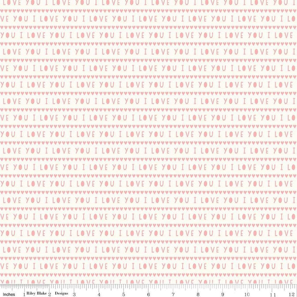 Image of the Sweetheart I Love You Cream quilting cotton fabric by My Minds Eye for Riley Blake Designs. Features striped I Love You words on a cream background.
Cute Little Fabric Shop