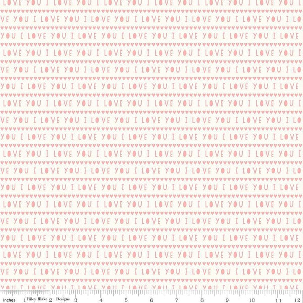 Image of the Sweetheart I Love You Cream quilting cotton fabric by My Minds Eye for Riley Blake Designs. Features striped I Love You words on a cream background.
Cute Little Fabric Shop
