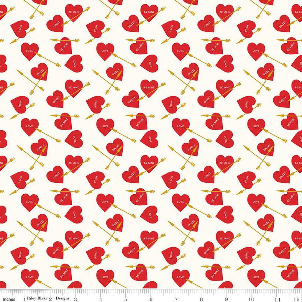 Image of the Sweetheart Heart Arrows Pink quilting cotton fabric by My Minds Eye for Riley Blake Designs. Features conversation hearts and arrows on a cream background.
Cute Little Fabric Shop