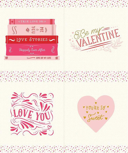 Image of the Sweetheart Love Stories Pillow Panel Sparkle quilting cotton fabric by My Minds Eye for Riley Blake Designs. Features four Valentine-themed squares on a cream background. 
Cute Little Fabric Shop