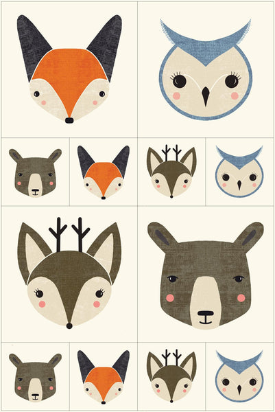 Image of the Woodland Wonder Panel Cloud quilting cotton fabric by Gingiber for Moda Fabrics. Features animal bobble heads on a cream background. 
Cute Little Fabric Shop
