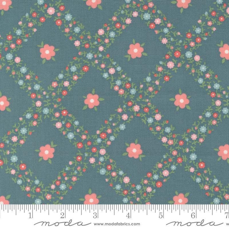 Image of the Rosemary Cottage Trellis Lake quilting cotton fabric by Moda Fabrics. Features criss cross flowers on a teal background.
Cute Little Fabric Shop