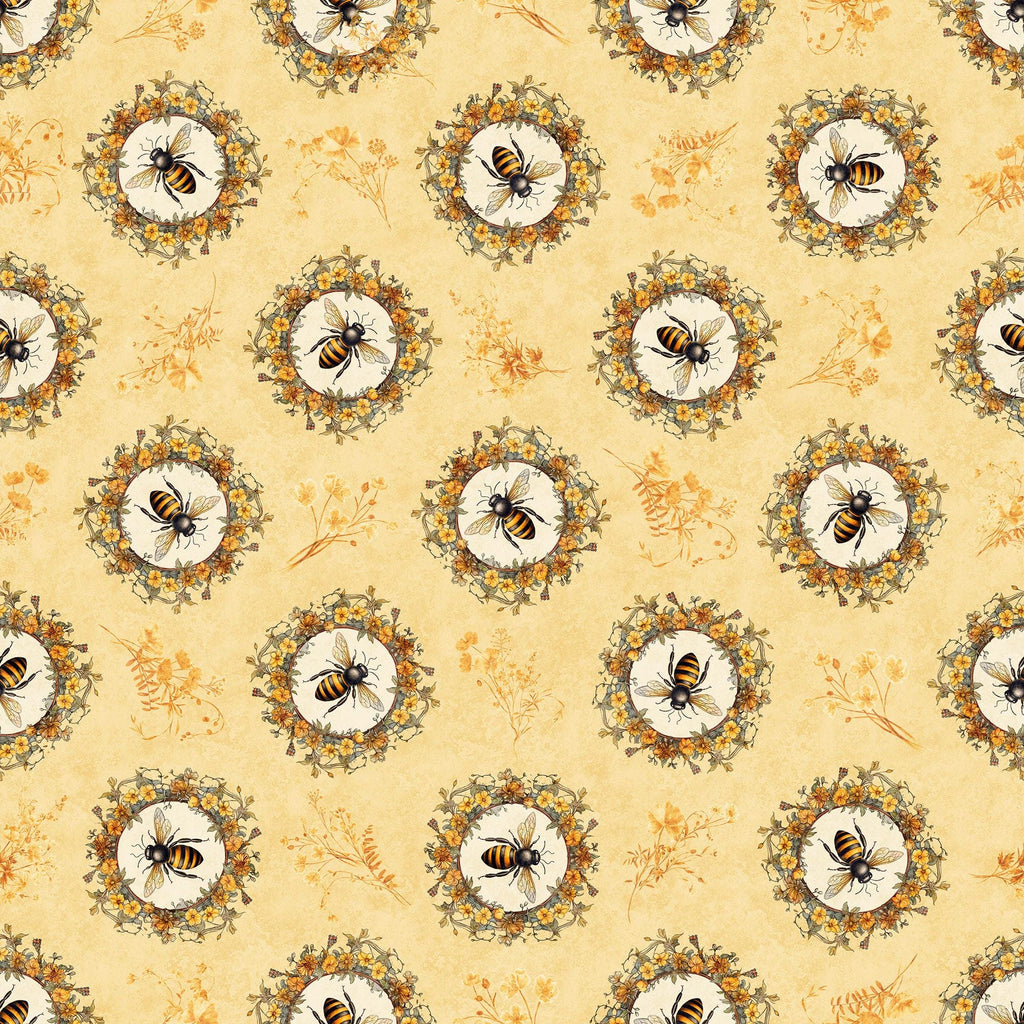 SALE MINKY Queen Bee Bee Circle Vignette 60" Wide 30484 Chamois - QT Fabrics - Floral Flowers Bees - 100% Polyester