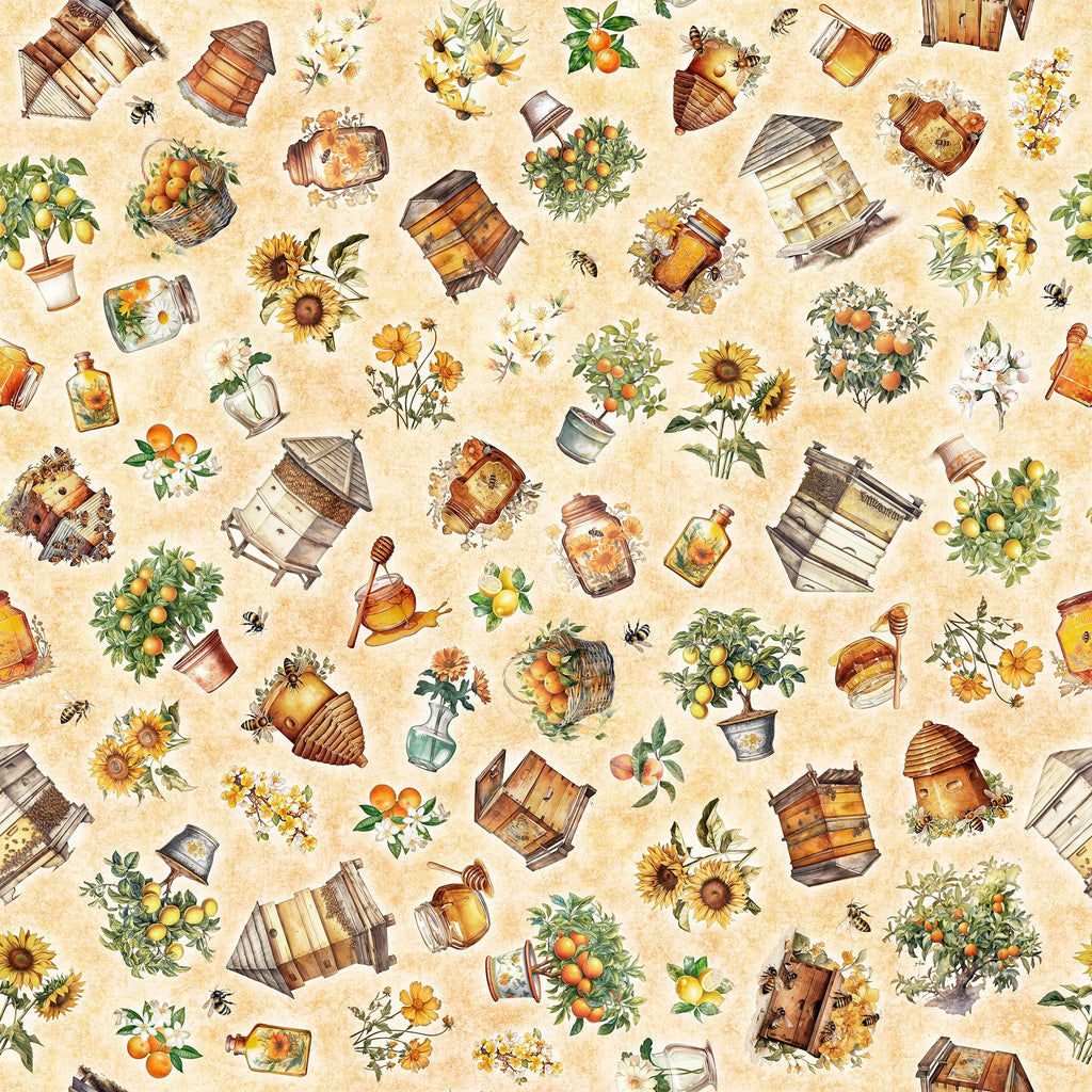 SALE MINKY Queen Bee Bee Hive & Plant Toss 60" Wide 30485 Light Tan - QT Fabrics - Floral Flowers Bees Fruit Beehives - 100% Polyester