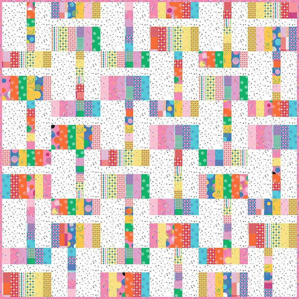 Image of the Colour Magic Quilt Pattern by Sue Daley Designs for Riley Blake Designs. Features rectangles in strips on a square quilt. 
Cute Little Fabric Shop