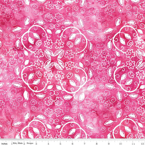 Image of the Expressions Batiks Chalk & Charcoal Watermelon cotton fabric by Riley Blake Designs. Features white leaves on a pink background.
Cute Little Fabric Shop