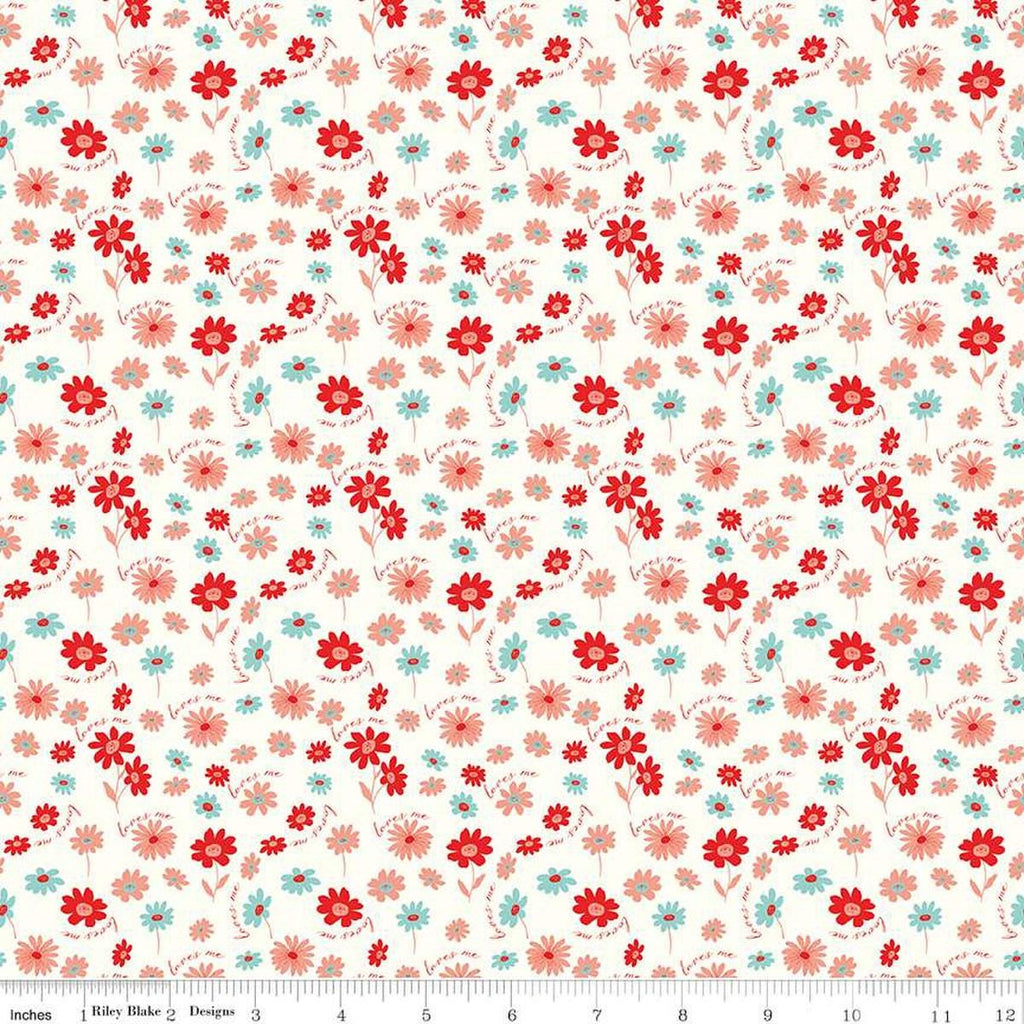 Image of the You & Me Loves Me Cream quilting cotton fabric by Sandy Gervais for Riley Blake Designs. Features flowers and text on a cream white background.
Cute Little Fabric Shop