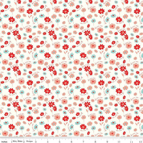 Image of the You & Me Loves Me Cream quilting cotton fabric by Sandy Gervais for Riley Blake Designs. Features flowers and text on a cream white background.
Cute Little Fabric Shop