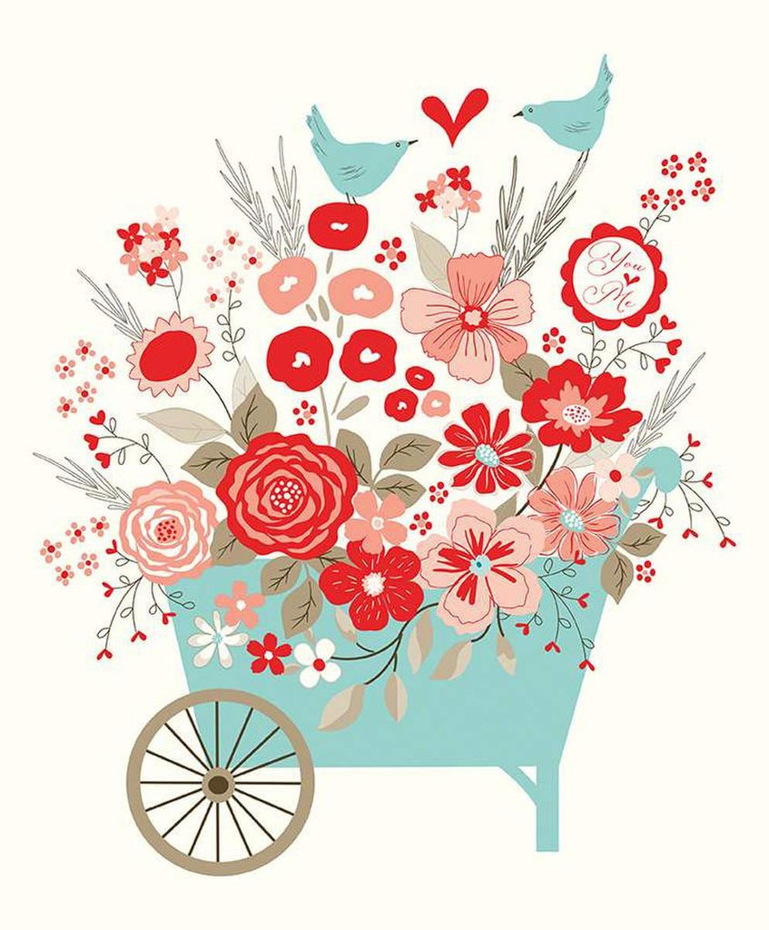 Image of the You & Me Panel quilting cotton fabric by Sandy Gervais for Riley Blake Designs. Features flowers in a wheelbarrow on a cream background.
Cute Little Fabric Shop