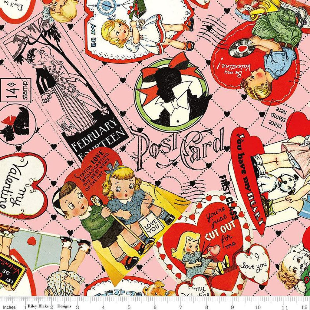 Image of the Take Heart Valentine Card Toss Pink
 quilting cotton fabric by J. Wecker Frisch for Riley Blake Designs. Features vintage valentine images on a pink background.
Cute Little Fabric Shop