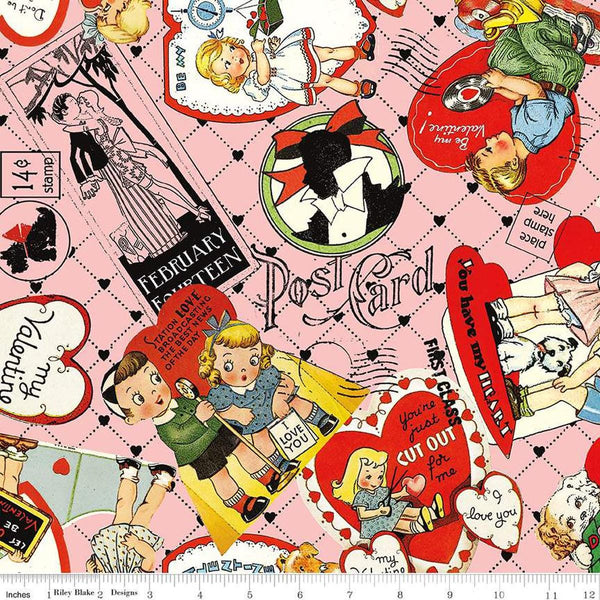 Image of the Take Heart Valentine Card Toss Pink
 quilting cotton fabric by J. Wecker Frisch for Riley Blake Designs. Features vintage valentine images on a pink background.
Cute Little Fabric Shop