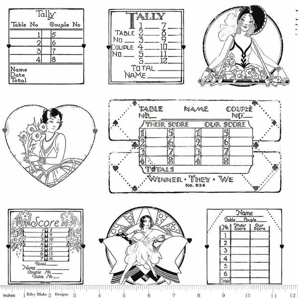 Image of the Take Heart Tally Card Linework White
 quilting cotton fabric by J. Wecker Frisch for Riley Blake Designs. Features vintage valentine dance images on a white background.
Cute Little Fabric Shop