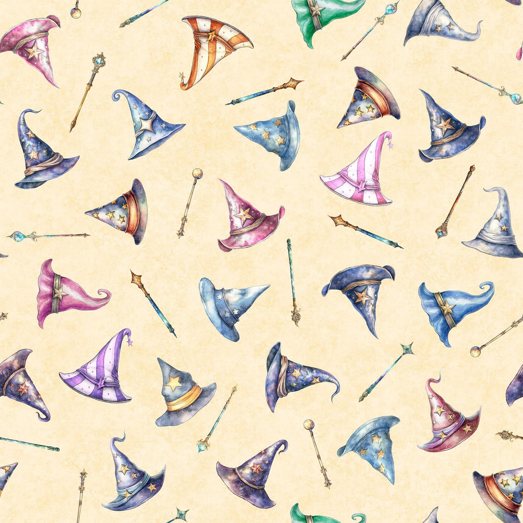 SALE Lil' Wizards Hat Toss 30552 Cream - by QT Fabrics - Hats Magic Wands - Quilting Cotton Fabric