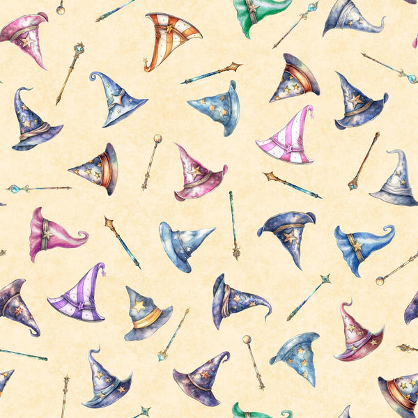 SALE Lil' Wizards Hat Toss 30552 Cream - by QT Fabrics - Hats Magic Wands - Quilting Cotton Fabric