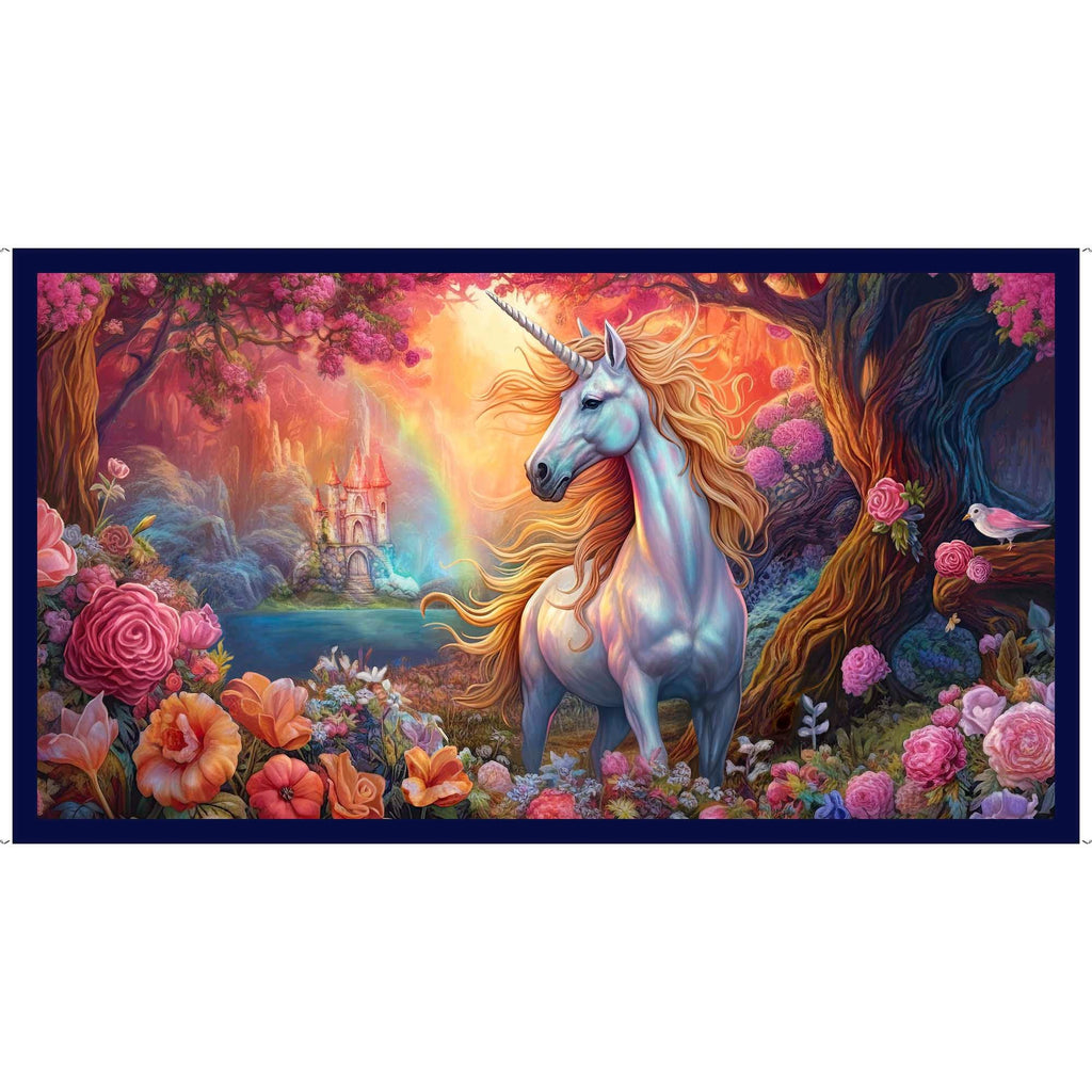Mystical Unicorn Panel 30610 Navy N - by QT Fabrics - 24" by 44" - Floral Flowers Magic Nature - Quilting Cotton Fabric